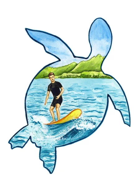 Surfista Silhueta Uma Tartaruga Isolado Fundo Branco Imagens Royalty-Free
