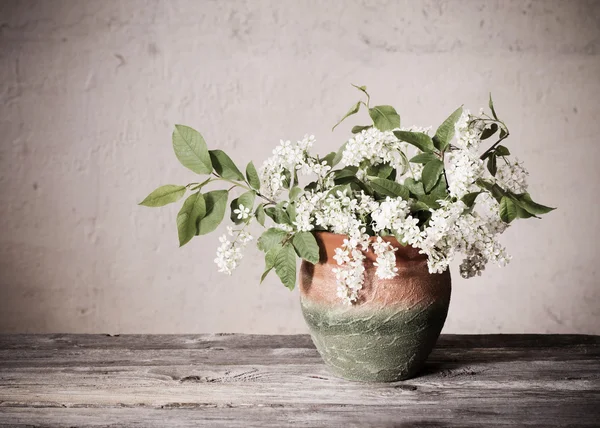 Vogelkirschzweig in Vase auf Holztisch — Stockfoto