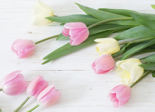 Bellissimi tulipani su sfondo di legno — Foto Stock