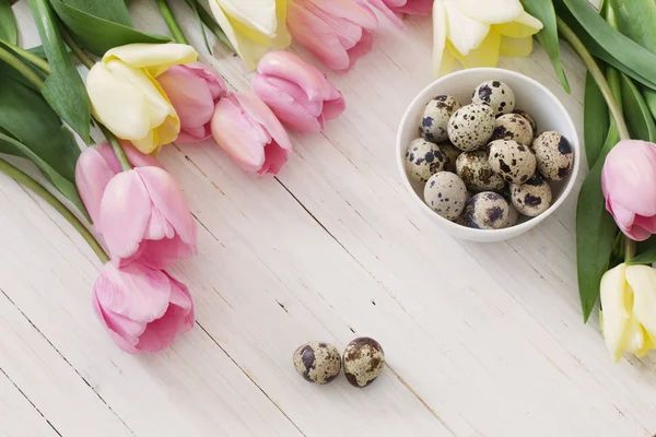 Tulipány a kraslic na dřevěné pozadí — Stock fotografie