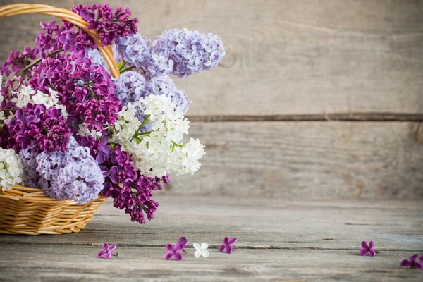 Basket with a branch of lilac flower on a wooden background — Stock Photo, Image