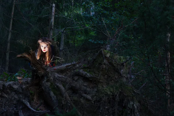 Bruxa em um tronco de árvore na floresta — Fotografia de Stock