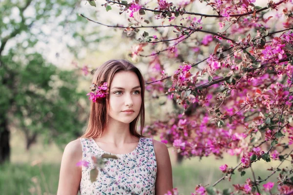 Vacker flicka i orchard — Stockfoto
