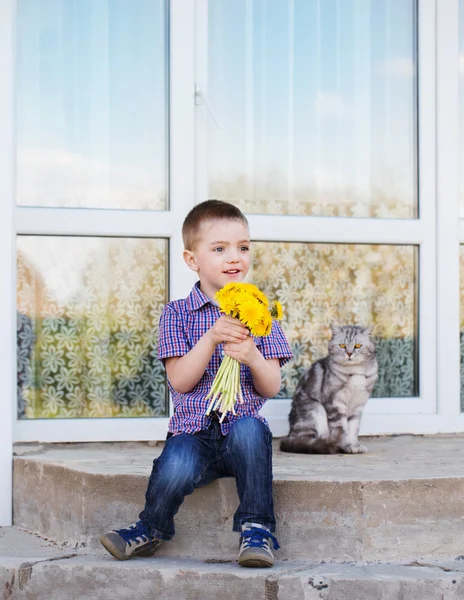 Little boy with flowers and cat outdoor — Stock Photo, Image