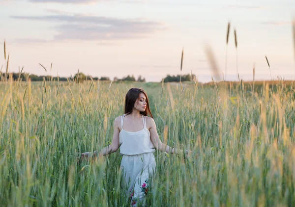 Gün batımında buğday alanında güzel esmer kadın — Stok fotoğraf