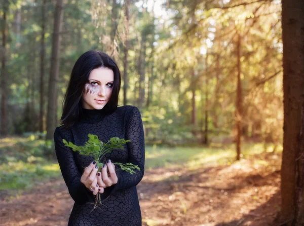 Beautiful witch in a mystic forest — Stock Photo, Image