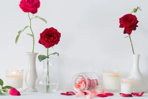 Rosas em um vaso e velas no fundo branco — Fotografia de Stock