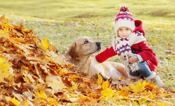 Heureuse Petite Fille Avec Chien Dans Parc Automne — Photo