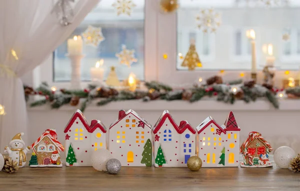 Maisons Jouets Noël Sur Fond Fenêtre Décorée — Photo