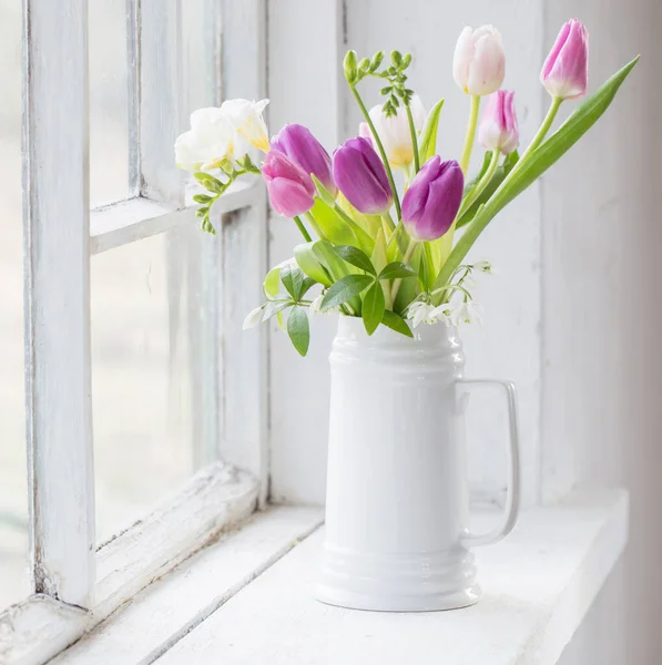 Beautiful Tulips Jug Old White Windowsill — Stock Photo, Image