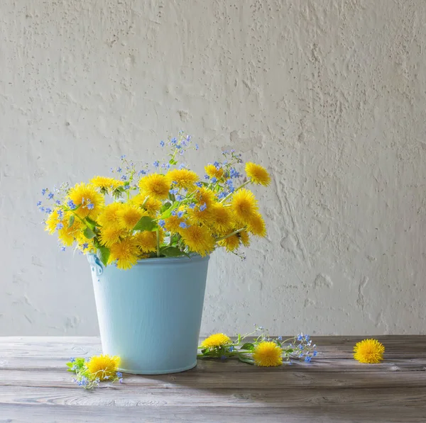 Paardebloemen Vergeet Nietjes Achtergrond Witte Muur — Stockfoto