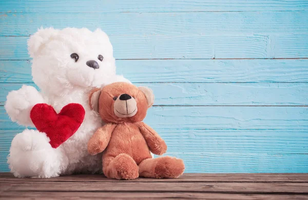 Teddy Bear Red Heart Old Wooden Background Valentine Day Concept — Stock Photo, Image