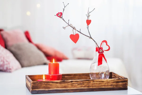 Burning Candles White Table Interior Valentines Day Concept — Stock Photo, Image