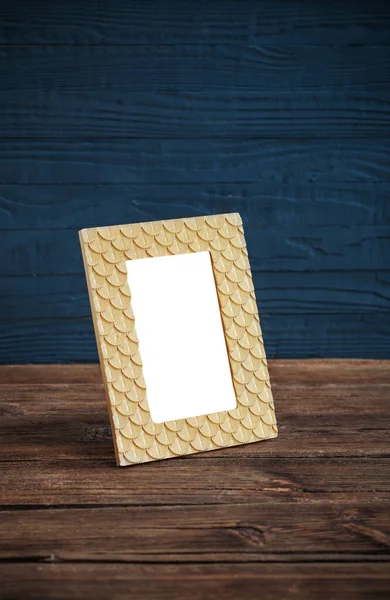 Golden Frame Wooden Table Blue Wooden Background — Stock Photo, Image