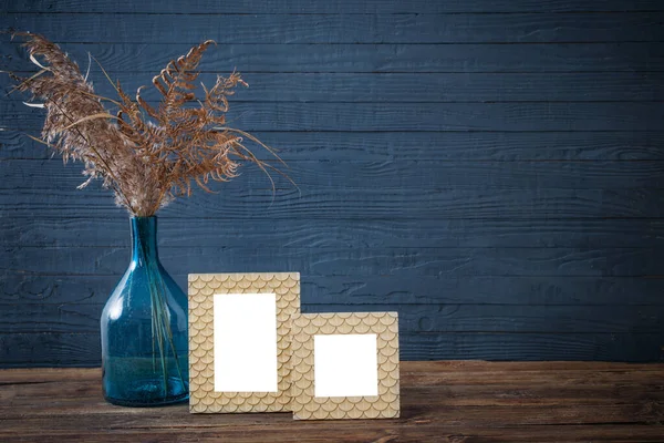 Frame Dried Flowers Blue Glass Vase Old Wooden Table — Stock Photo, Image