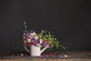 Karanlık arka planda sulama tenekesinde vahşi yaz çiçekleri