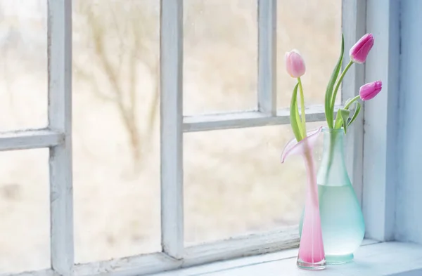 Tulipanes Rosados Viejo Alféizar Ventana Blanco —  Fotos de Stock