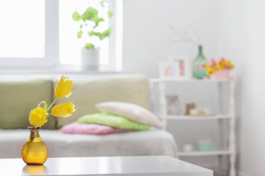 Beyaz ev içi bahar çiçekleri ve dekorasyonlarıyla