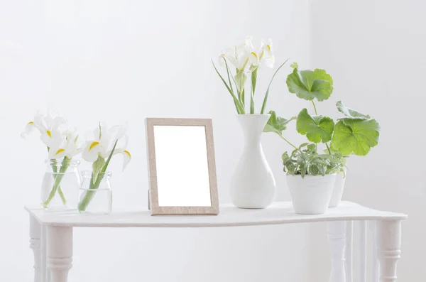 Marco Blanco Plantas Verdes Flores Primavera Estante Sobre Fondo Blanco — Foto de Stock