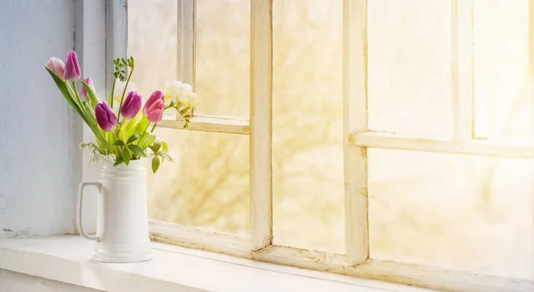 Beautiful Tulips Jug Old White Windowsill — Stock Photo, Image