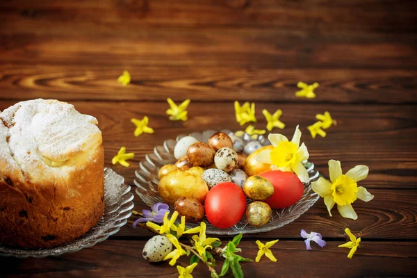 Easter Cakes Eggs Dark Wooden Background — Stock Photo, Image