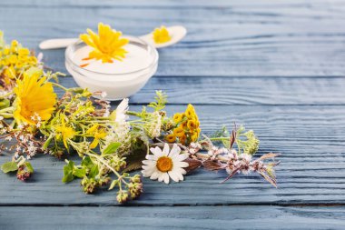 Mavi arka plandaki bitkisel malzemelerden elde edilen doğal kozmetik ürünler.