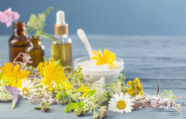 natural cosmetics from herbal ingredients on  blue background