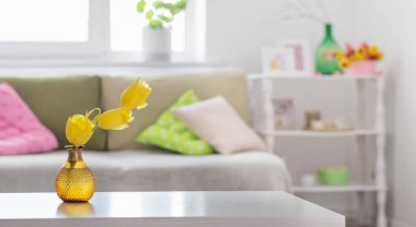 Beyaz ev içi bahar çiçekleri ve dekorasyonlarıyla