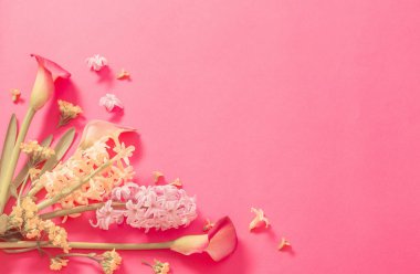 Pembe kağıtta bahar çiçekleri