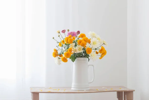 Chrysanthemum Flowers White Jug White Interior — Stock Photo, Image