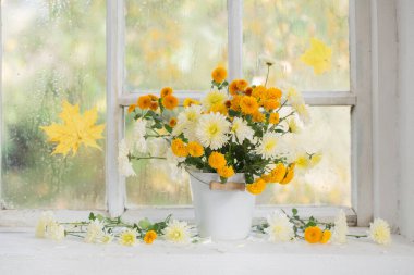 Sonbaharda cam kenarında vazoda kasımpatılar