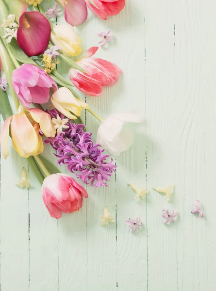 Frühlingsblumen Auf Grünem Holzgrund — Stockfoto