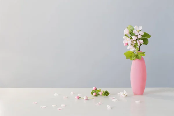 Branches Apple Tree Flowers Pink Vase White Table — Stock Photo, Image