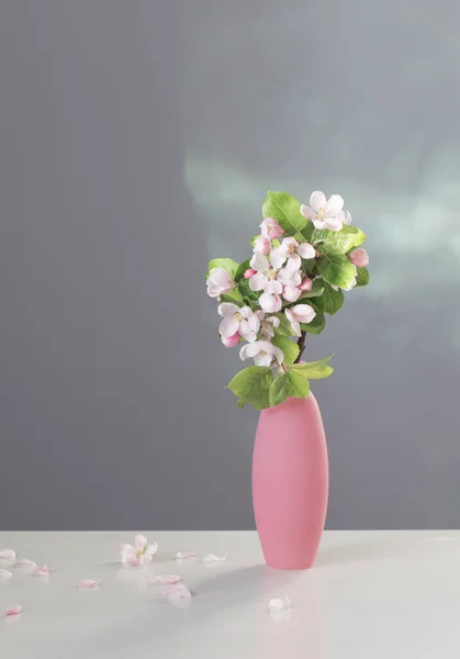 Branches Apple Tree Flowers Pink Vase White Table — Stock Photo, Image