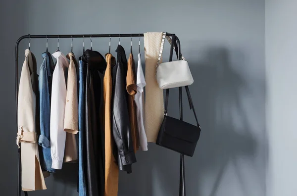 Guarda Roupa Outono Feminino Básico Com Sapatos Bolsas Cabide — Fotografia de Stock