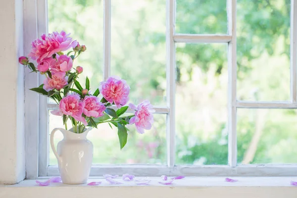 粉红牡丹在花瓶上的白内障 — 图库照片