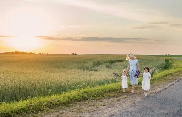 Moeder Twee Dochters Voor Wandeling Het Veld Bij Zonsondergang — Stockfoto