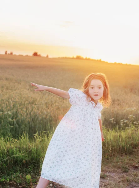 Красивая Маленькая Девочка Заднем Плане Поля Закате — стоковое фото