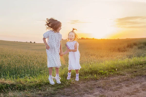 Twee Kleine Meisje Springen Het Veld Bij Zonsondergang — Stockfoto