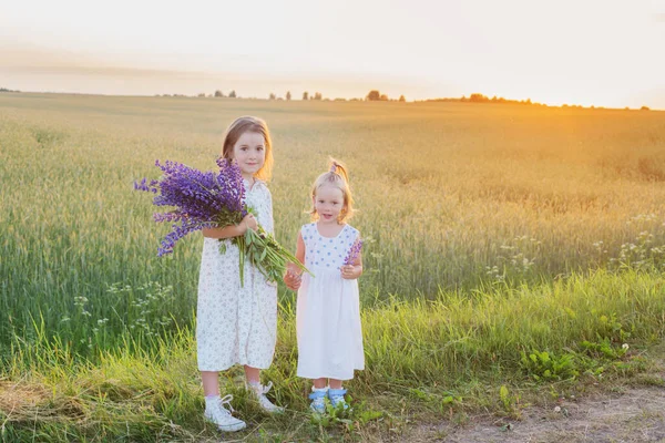 Two Little Sisters Violet Flowers Outdoor — Stock Photo, Image