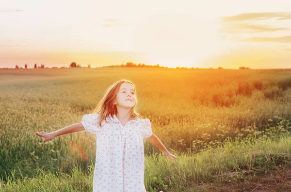 Beautiful Little Girl Background Field Sunset — Stock Photo, Image