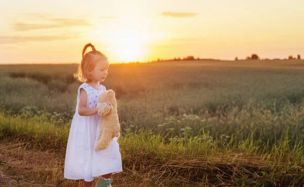 Petite Fille Avec Ours Peluche Sur Route Coucher Soleil — Photo