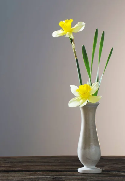 Yellow Narcissus Vase Wooden Table Dark Background — Stock Photo, Image