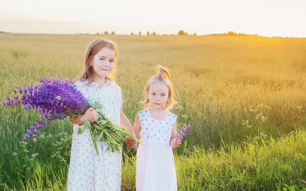 Two Little Sisters Violet Flowers Outdoor — Stock Photo, Image