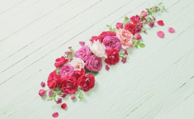 Yeşil ahşap arka planda pembe ve kırmızı güller