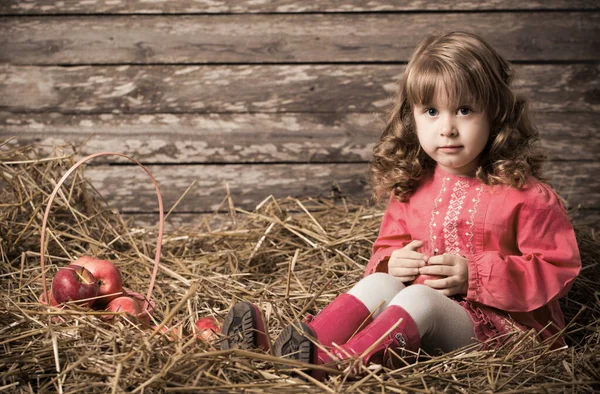 Little Beautiful Girl Apples Old Wooden Background — Fotografia de Stock