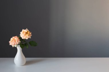 Gri arkaplanda beyaz vazoda iki gül