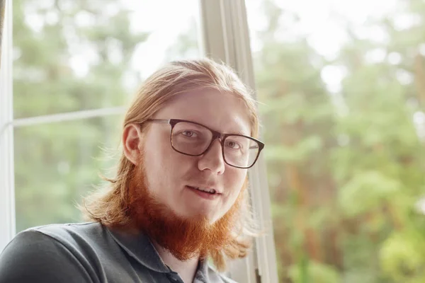 Portrait Young Bearded Man Background Window — Stock Photo, Image