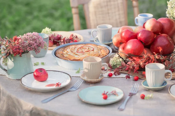 Äppelpaj Dukat Bord Trädgården Solig Dag — Stockfoto