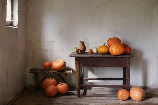 Zucche nella vecchia stanza rustica — Foto Stock